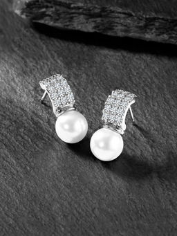 Peora - Silver Plated Pearl & Cubic Zirconia Fancy Drop Earrings