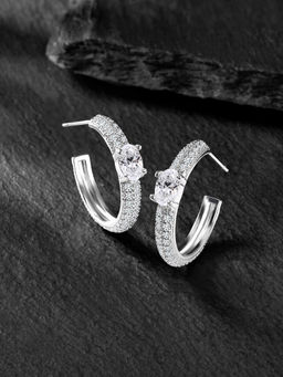 Peora - Silver Plated White Cubic Zirconia Fancy Stylish Half Hoop Earrings