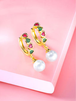 Peora - Gold Plated Multi-Color Cubic Zirconia Heart Pearl Hoop Earrings