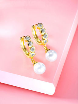 Peora - Gold Plated White Cubic Zirconia Heart Pearl Hoop Earrings