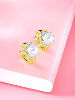 Peora - Gold Plated White Pearl & Cubic Zirconia Fancy Hoop Earrings