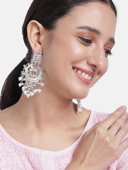 Peora - Oxidised Silver Plated White Antique Chandbali Earrings