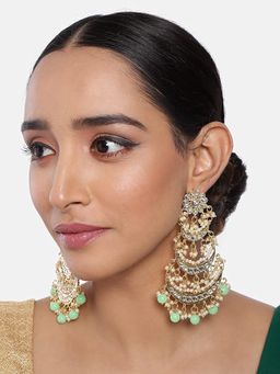 Peora - Gold Plated Green Pearls & Stone Chandbali Earrings