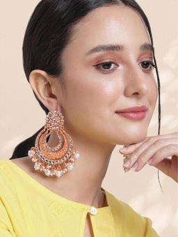 Peora - Rose Gold Plated Pink Pearls & Stone Chandbali Earrings