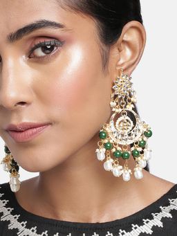 Peora - Green Kundan Pearl Gold Plated Floral Chandbali Earrings