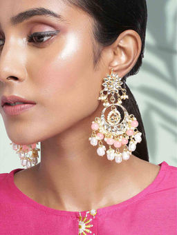 Peora - Pink Kundan Pearl Gold Plated Floral Chandbali Earrings