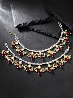 Peora - Gold Plated Maroon Kundan Pearl Dangle Earring Chains