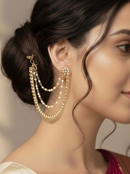 Peora - Gold Plated Off White Paisley Design Pearl Earring Chains