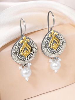 Peora - Oxidized Silver Gold Plated White Pearl Dangle Earrings