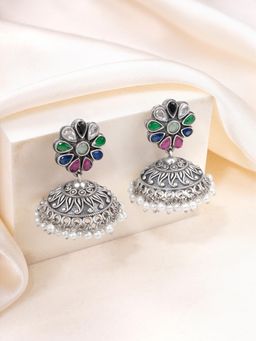 Peora - Oxidized Silver Plated Multi-Color Crystals Jhumki Earrings