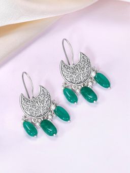 Peora - Oxidized Silver Plated Green Beads Chandbali Earrings