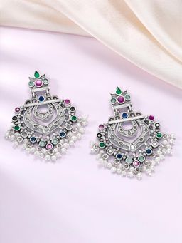 Peora - Oxidized Silver Plated Multi-Color Crystals & Lariya Chandbali Earrings