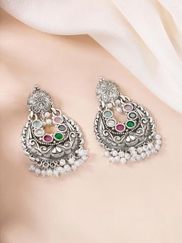 Peora - Oxidized Silver Plated Multi-Color Crystals & Lariya Chandbali Earrings