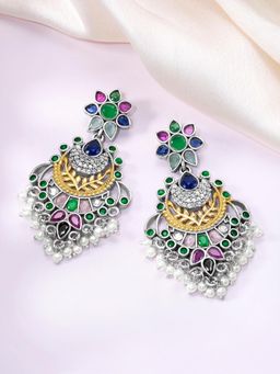 Peora - Oxidized Silver Plated Multi-Color Crystals Chandbali Earrings
