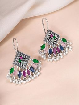 Peora - Oxidized Silver Plated Multi-Color Crystals Ethnic Dangle Earrings