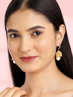 Peora - Gold Plated White Cubic Zirconia & Pearl Jhumki Earrings