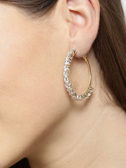 Peora - Gold Plated White Crystal Big Round Hoop Earrings