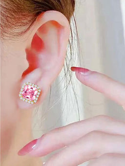 Peora - Gold Plated Cubic Zirconia & Pink Crystal Fancy Stud Earrings
