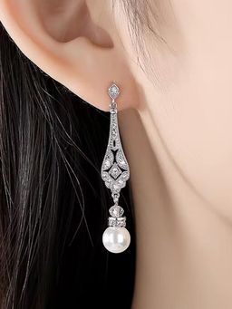 Peora - Silver Plated White Cubic Zirconia & Pearl Dangle Earrings