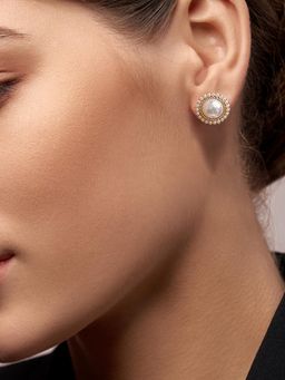 Peora - Gold Plated White Pearl Fancy Round Stud Earrings