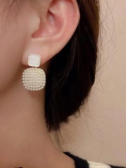 Peora - Gold Plated White Synthetic Stone & Pearl Fancy Drop Earrings