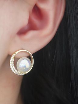 Peora - Gold Plated White Cubic Zirconia & Pearl Fancy Round Stud Earrings