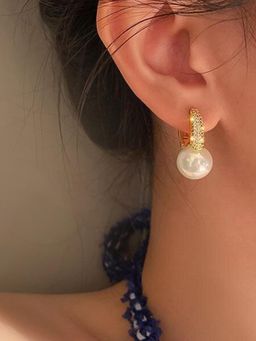Peora - Gold Plated White Cubic Zirconia & Pearl Fancy Hoop Earrings