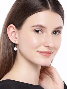 Peora - Silver Plated White Diamond Cut CZ Hanging Pearl Clutch Back Hoop Earrings