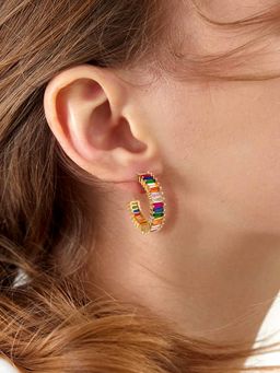 Peora - Gold Plated Multi-Color Baguette Stone Stylish Hoop Earrings
