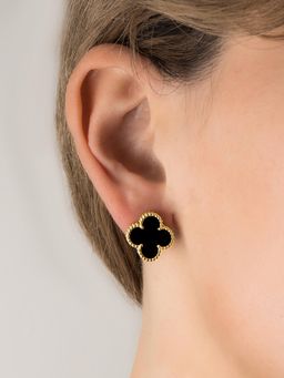 Peora - Gold Plated Black Floral Shaped Stylish Stud Earrings