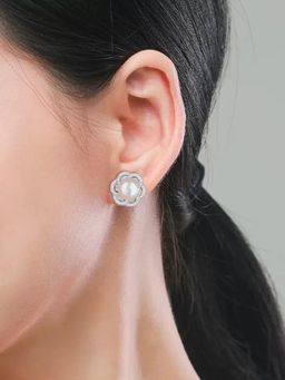 Peora - Silver Plated White CZ & Pearl Floral Shaped Stud Earrings