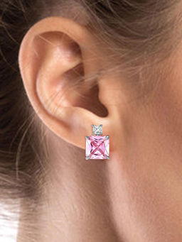 Peora - Silver Plated Pink Crystal Square Shaped Stud Earrings