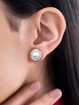 Peora - Silver Plated White Baguette & Pearl Round Stud Earrings