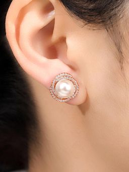 Peora - Rose Gold Plated White Cubic Zirconia & Pearl Stud Earrings
