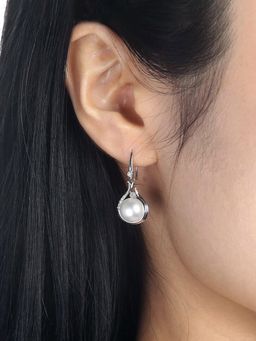 Peora - Silver Plated White CZ & Pearl Curved Swirl Drop Earrings
