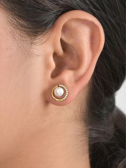 Peora - Gold Plated CZ & Pearl Trendy Stylish Stud Earrings