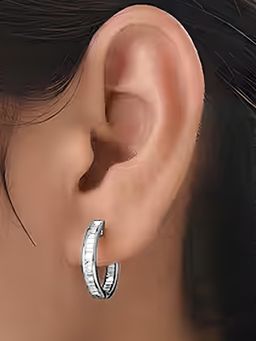Peora - Silver Plated White Baguette Round Hoop Earrings