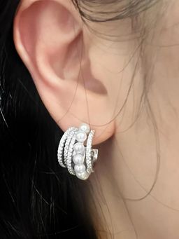 Peora - Silver Plated White Cubic Zirconia & Pearl Half Hoop Earrings