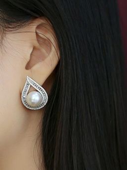 Peora - Silver Plated White Cubic Zirconia & Pearl Fancy Stud Earrings