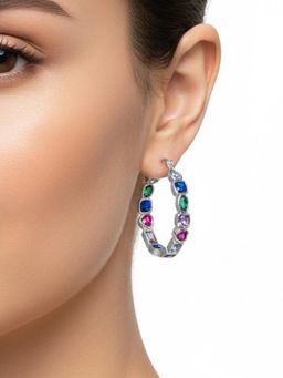 Peora - Silver Plated Multi-Color Crystals Fancy Hoop Earrings