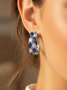 Peora - Silver Plated Blue Crystals Fancy Hoop Earrings