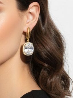 Peora - Gold Plated White Crystals Fancy Hoop Earrings