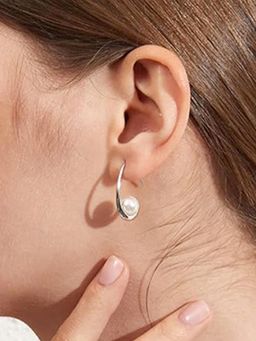 Peora - Silver Plated White Pearl Fancy Hoop Earrings