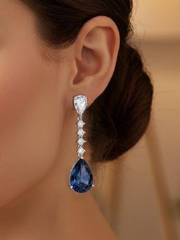 Peora - Silver Plated Blue Crystals Fancy Drop Earrings