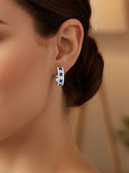 Peora - Silver Plated Blue Crystals Fancy Hoop Earrings