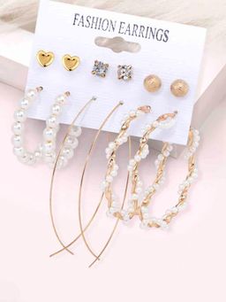 Peora - Gold Plated White Combo of Stud & Hoop Stud Earrings (Pack of 6)