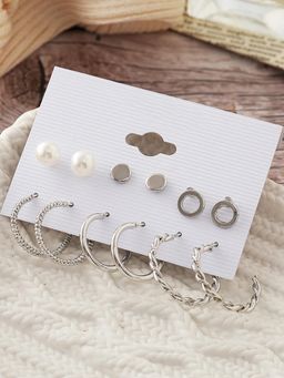 Peora - Pearl Silver Plated Stud & Hoop Earrings (Pack of 6)