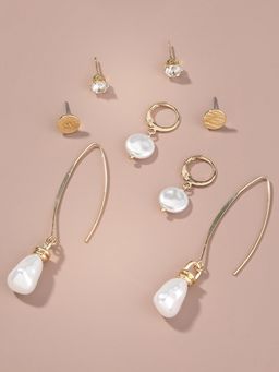 Peora - Beads Gold Plated White Stud & Drop Earrings (Pack of 4)