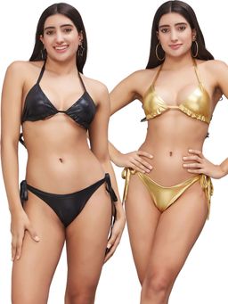 Secrets By ZeroKaata - Women Metallic Halter Beach Wear Swim Bikini Set