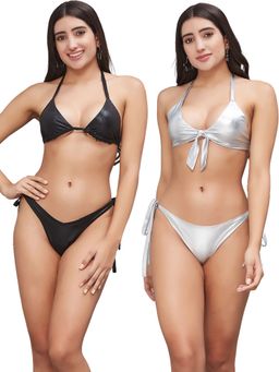 Secrets By ZeroKaata - Women Metallic Halter Beach Wear Swim Bikini Set